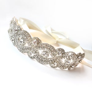 Lovely Rhinestone Bridal Belt Sash - Custom Satin Ribbon - Rhinestone Appliqué - Silver Wedding Dress Belt - Extra Long