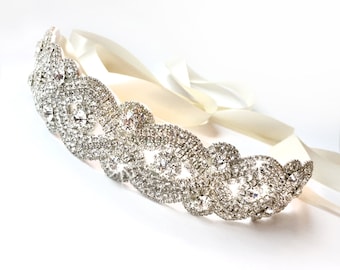 Lovely Rhinestone Bridal Belt Sash - Custom Satin Ribbon - Rhinestone Appliqué - Silver Wedding Dress Belt - Extra Long