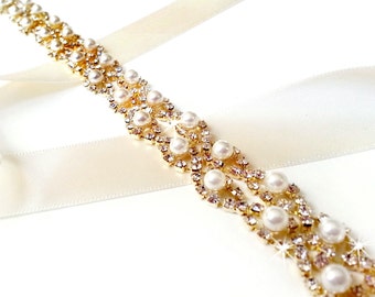 Gold Crystal Pearl Weave Bridal Belt Sash in GOLD, Custom Satin Ribbon, Rhinestone Pearl Wedding Dress Belt, Extra Long