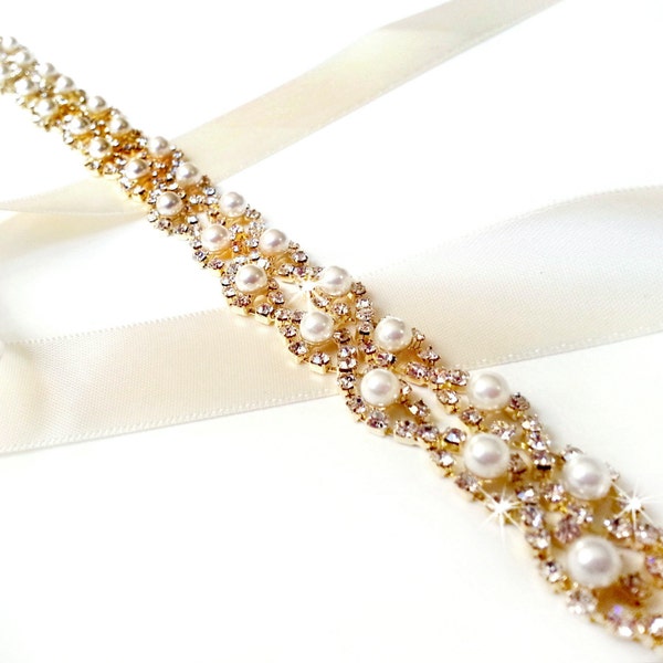 Gold Crystal Pearl Weave Bridal Belt Sash in GOLD, Custom Satin Ribbon, Rhinestone Pearl Wedding Dress Belt, Extra Long