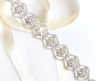 Silver Art Deco Crystal Bridal Belt, Rhinestone Wedding Sash  display picture 1