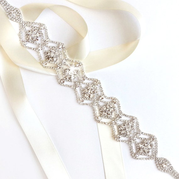 Sash - Scalloped Rhinestone Wedding Dress Sash - Silver  display picture 1