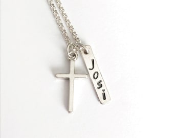 Necklace - Cross - First Communion - Hand Stamped - Sterling Silver - Remembrance - Name - Birthstones - Baptism - Child