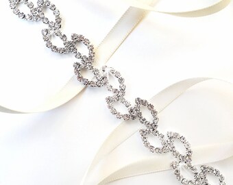 SALE! Crystal Vine Bridal Headband - Vine Headband - Satin Ribbon Tie - Silver and Crystal - Thin Wedding Dress Belt Sash - Standard Length