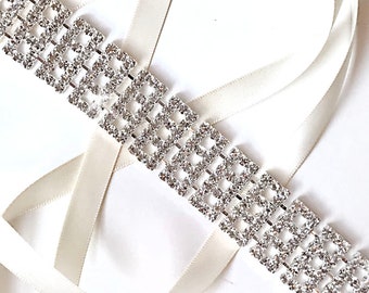 Headband - Geometric Silver Rhinestone Bridal Headband - Custom Satin Ribbon Tie - Silver and Crystal Encrusted Hairpiece