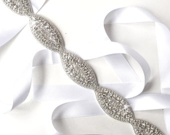Sash - Marquise Rhinestone Bridal Belt Sash - Custom Satin Ribbon - Rhinestone Appliqué Belt - Wedding Dress Sash - Extra Long