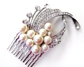 Pearl and Crystal Bridal Comb - Hair Comb - Antique Silver Rhinestone - Vintage Style Hair Piece - Pearl and Rhinestone