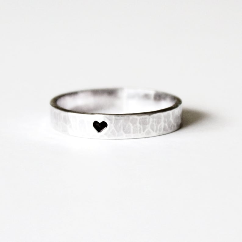 Ring Hammered Heart Ring Sterling Silver Unisex Wedding Band Letter stamping Black Oxidized Engagement Purity Stamped Ring image 2