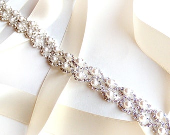 Sash - Crystal Pearl Weave Bridal Belt Sash in Silver, Custom Satin Ribbon, Rhinestone Wedding Dress Belt - Extra Long Thin Bridesmaid Sash