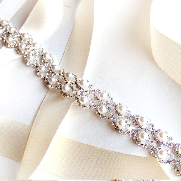 Sash - Crystal Pearl Weave Bridal Belt Sash in Silver, Custom Satin Ribbon, Rhinestone Wedding Dress Belt - Extra Long Thin Bridesmaid Sash