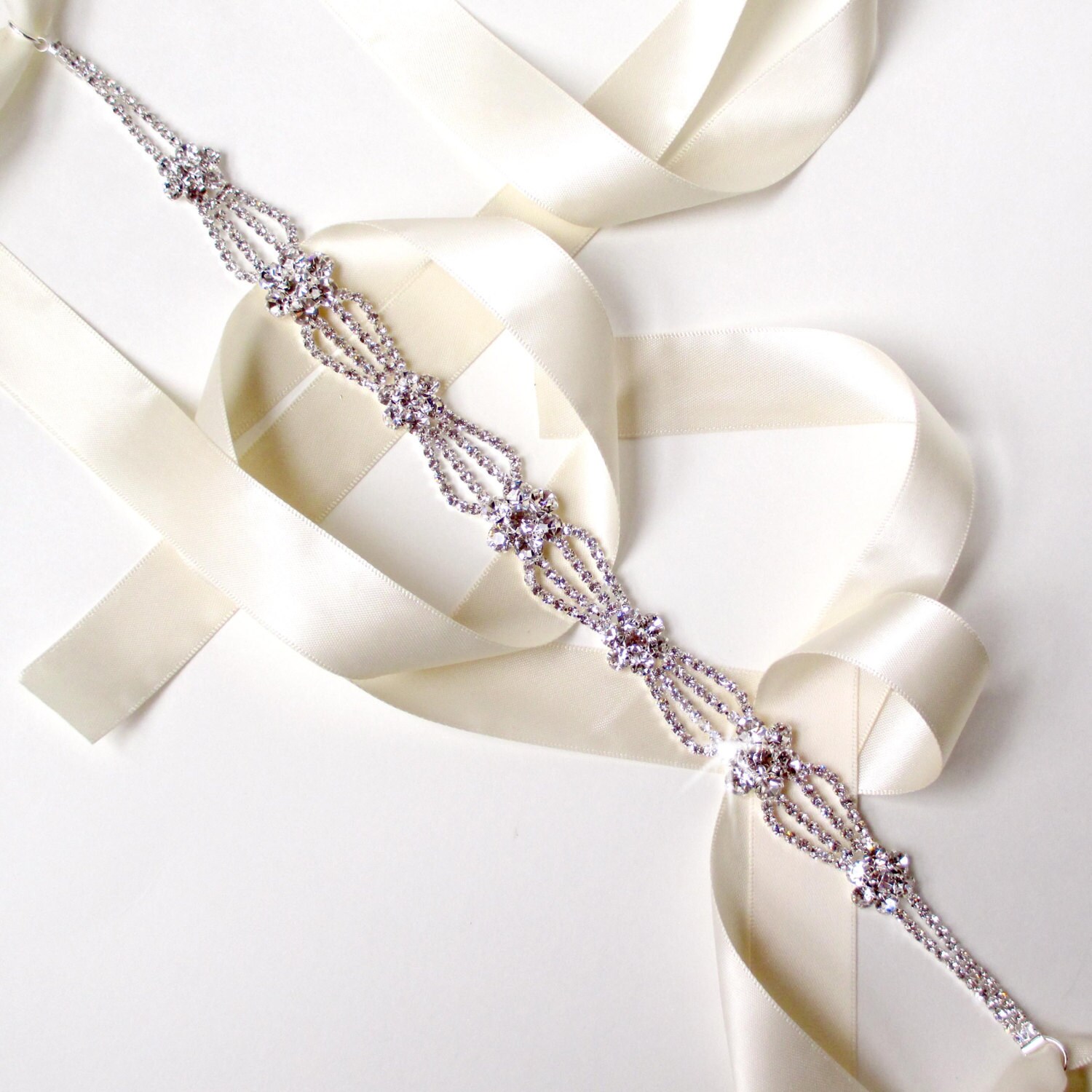 Silver Rhinestone Crystal Bridal Belt Sash Ivory Satin Ribbon Art Deco Geometric Art Deco Crystal Bridal Belt - Etsy main image 3