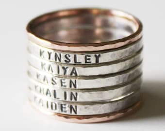 Ring - Skinny Mother's Stacking Ring- Sterling Silver Child's Name Rings - Kids Children - Grandchildren Mother Family - Engraved Stamped