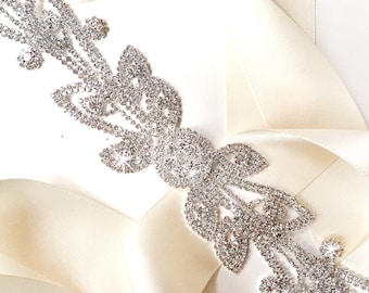 Garden Vine Silver and Rhinestone Wedding Dress Sash - Flower Rhinestone Encrusted Bridal Belt Sash - Crystal Extra Wide Wedding Belt - Long