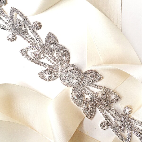 Garden Vine Silver and Rhinestone Wedding Dress Sash - Flower Rhinestone Encrusted Bridal Belt Sash - Crystal Extra Wide Wedding Belt - Long