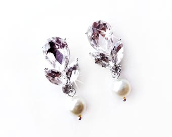 Earrings - Pear Crystal Earrings in Silver - Ivory or White Pearl - Silver Teardrop Crystal Earrings - Marquise Crystal