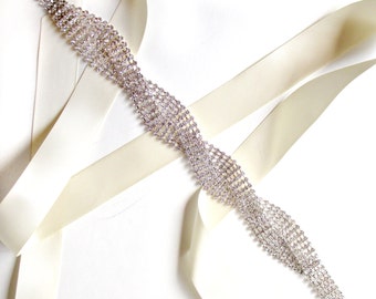 Sash - Wide Twisted Rhinestone Bridal Belt Sash or Headband in Silver - Custom Ribbon White Ivory Silver - Crystal Wedding Dress Belt - Long