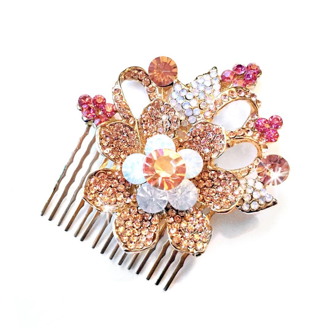 Comb Blush Pink Floral Hair Comb in Gold Vintage Style - Etsy