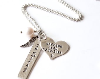 Necklace - Family Necklace - Sterling Silver - Hand Stamped Names - Godmother - New Baby - Mother - Angel Wings - Heart Tag - Names
