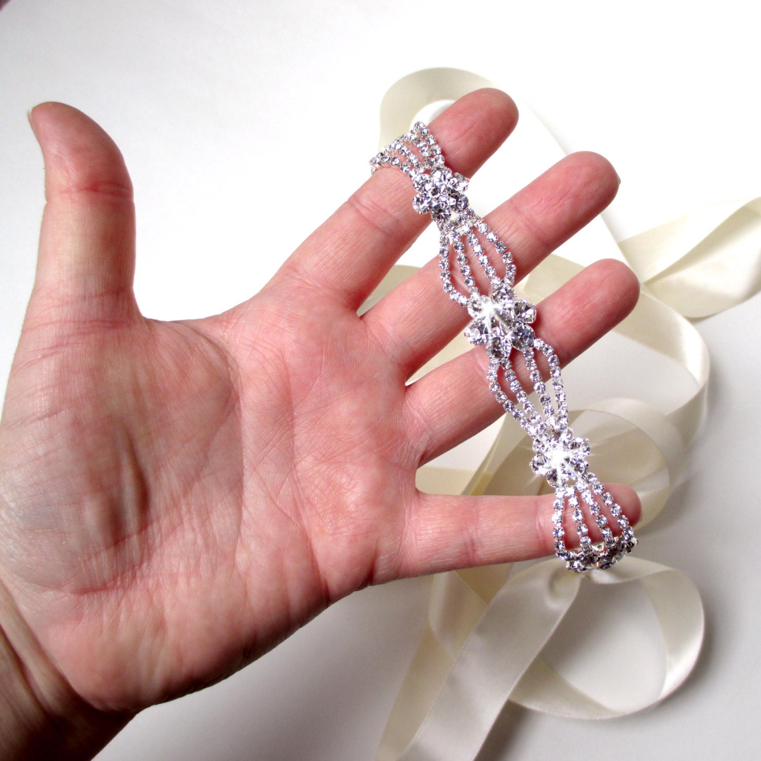 Sash - Intricate Crystal Bridal Belt Sash - White Ivory  display picture 1