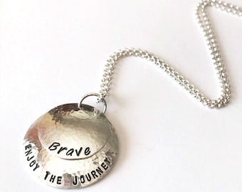 Necklace - Mantra - Child Names - Hand Stamped Sterling Silver - Mother's Day - Brave - Courage - Inspiration - Overlapping Coin
