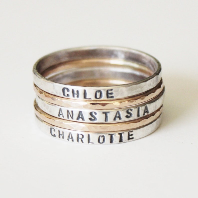 Ring Skinny Mother's Stacking Ring Sterling Silver Child's Name Rings Kids Children Grandchildren Mother Family Engraved Stamped image 4
