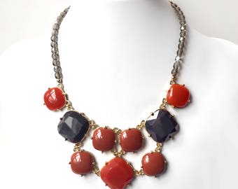 Necklace - Smokey Gray and Burnt Orange Bib Necklace - Czech Glass Beads - Beaded Chunky Statement Bib Necklace - Gold Gray Orange