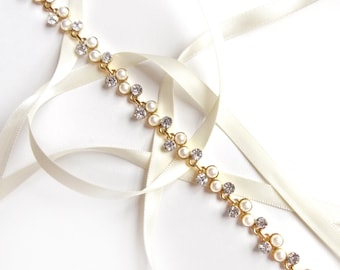 Headband - Gold Pearl and Rhinestone Bridal Headband or Thin Belt - Wedding Headband - Satin Ribbon Tie - Long Wedding Dress Belt