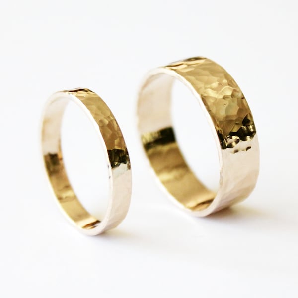 Couple's Ring Set - 14K Gold Filled Rings - Hammered Yellow Gold Wedding Bands - 3mm 6mm - Men's and Women's - Matching Ring Bands