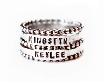 Ring - Mothers Stacking Ring Set - Sterling Silver Child's Name Rings - Name Stamped Mother's Day Ring - Grandchildren Family Kids Stacked