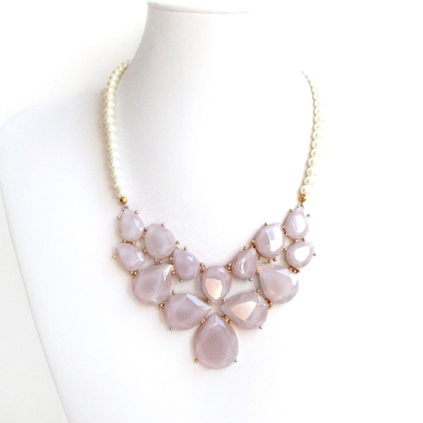 SALE! Blush and Pearl Bib Necklace - Blush, Ivory or White Pearls - Mauve, Rose, Pink and Gold Statement Necklace