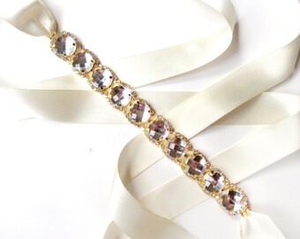 Sash - Glitzy Bridal Belt Sash - Custom Ribbon - White Ivory Satin Tie - Gold Rhinestone Wedding Dress Belt