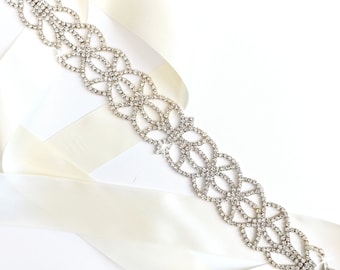 Sash - Art Nouveau Rhinestone Wedding Dress Sash in Silver - Rhinestone Encrusted Bridal Belt Sash - Crystal Extra Wide Wedding Belt