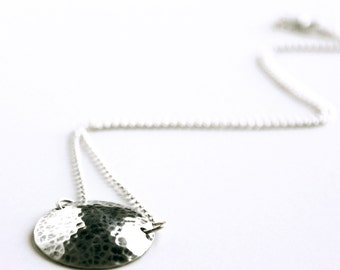 Necklace - Sterling Silver Moon Necklace - Hammered Sterling Silver - Everyday Necklace - Disc Stamped Circle Chain Dome