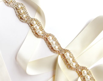 Sash - Elegant Crystal and Pearl Bridal Belt Sash in Gold - Custom Satin Ribbon - Rhinestone Pearl Wedding Dress Belt - Long