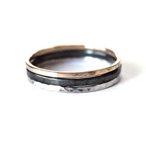 Hammered Ring Trio- Sterling - 14K Goldfill - Gold Silver Black - Unisex - Wedding Band - Black Oxidized - Engagement Ring - Purity Ring