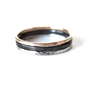 Trío de anillos martillados - Plata esterlina - Goldfill de 14 quilates - Oro y plata negros - Unisex - Alianza de boda - Negro oxidado - Anillo de compromiso - Anillo de pureza
