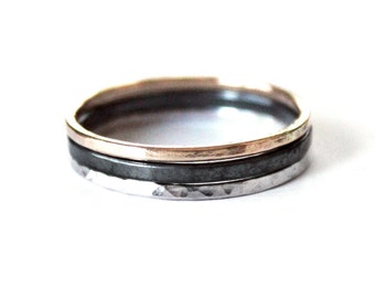 Hammered Ring Trio- Sterling - 14K Goldfill - Gold Silver Black - Unisex - Wedding Band - Black Oxidized - Engagement Ring - Purity Ring