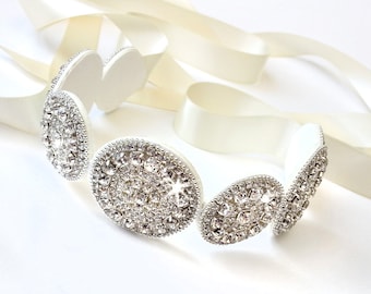 Sash - Glamorous Rhinestone Bridal Belt Sash - Custom Satin Ribbon - Rhinestone Appliqué - Silver Wedding Dress Belt - Extra Long