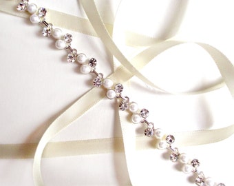 Headband - Silver Pearl and Rhinestone Bridal Headband or Thin Belt - Wedding Headband - Satin Ribbon Tie - Long Wedding Dress Belt