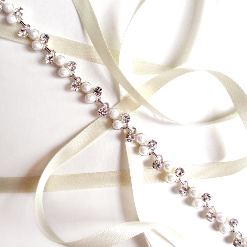 Headband Silver Pearl and Rhinestone Bridal Headband or Thin Belt Wedding Headband Satin Ribbon Tie Long Wedding Dress Belt image 1