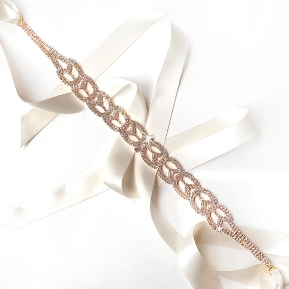 Ivory rhinestone belt with ribbon tie or headband Ivory Ribbon Bridal Wedding Headband with Rhinestone Pave  main image 4