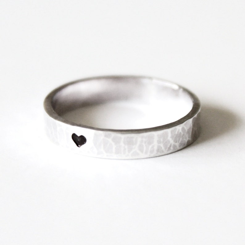 Ring Hammered Heart Ring Sterling Silver Unisex Wedding Band Letter stamping Black Oxidized Engagement Purity Stamped Ring image 1