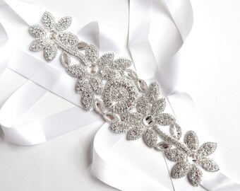 Sash - Grecian Rhinestone Wedding Dress Sash - Silver Rhinestone Applique Bridal Belt Sash - Crystal Flower Vine - Extra Wide Wedding Belt