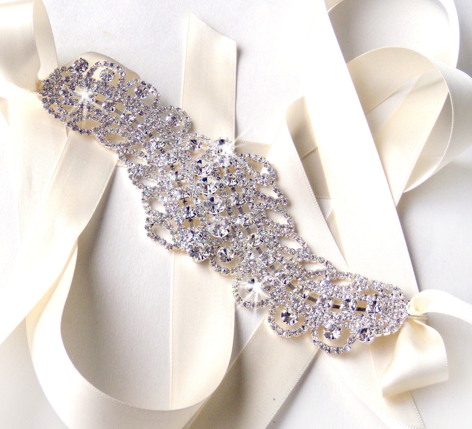 SALE Silver Feather Rhinestone Bridal Belt Sash - Custom 