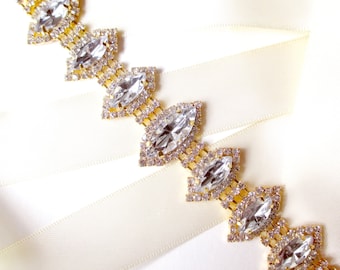 SALE! Marquise Rhinestone Bridal Belt Sash in Gold - White Ivory Silver Satin Ribbon - Rhinestone Crystal - Wedding Dress Belt