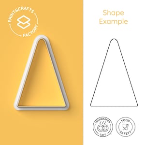 Op de afbeelding: Een witte driehoekige koekjesvorm op een gele achtergrond. De afbeelding bevat de tekst PRINT & CRAFTS FACTORY, Shape Example, Dishwasher Safe en Food Safety. Een zwarte omtrek van de driehoeksvorm is aan de rechterkant weergegeven.