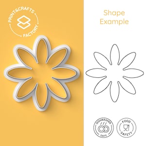 Pode incluir: Um cortador de biscoitos branco em forma de flor sobre um fundo amarelo com o texto PRINT & CRAFTS FACTORY. À direita, um contorno preto da forma de flor rotulado como Shape Example, com ícones circulares indicando Dishwasher Safe e Food Safety.
