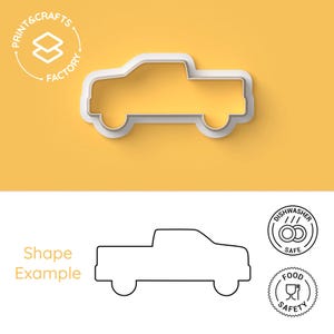 May include: White plastic cookie cutter in the shape of a pickup truck. The cutter is on a yellow background. The image also shows a black and white line drawing of the truck, along with two icons indicating that the cutter is dishwasher and food safe.