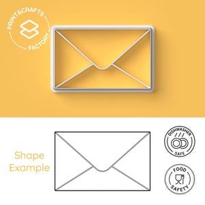 May include: A white outline of an envelope shape on a yellow background. The envelope is a 3D design with a shadow. The text "Print & Crafts Factory" is in a circle with an arrow pointing to a stack of two squares.