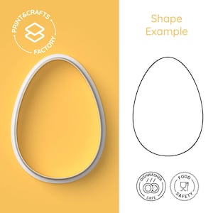 Könnte beinhalten: Ein weißer Plastik-Ausstecher in Form eines Eies auf gelbem Hintergrund. Der Ausstecher wird neben einer Strichzeichnung der gleichen Form gezeigt. Der Text "Shape Example" befindet sich über der Strichzeichnung. Der Ausstecher ist mit "Print & Crafts Factory" beschriftet. Der Ausstecher ist auch mit "Dishwasher Safe" und "Food Safety" beschriftet.